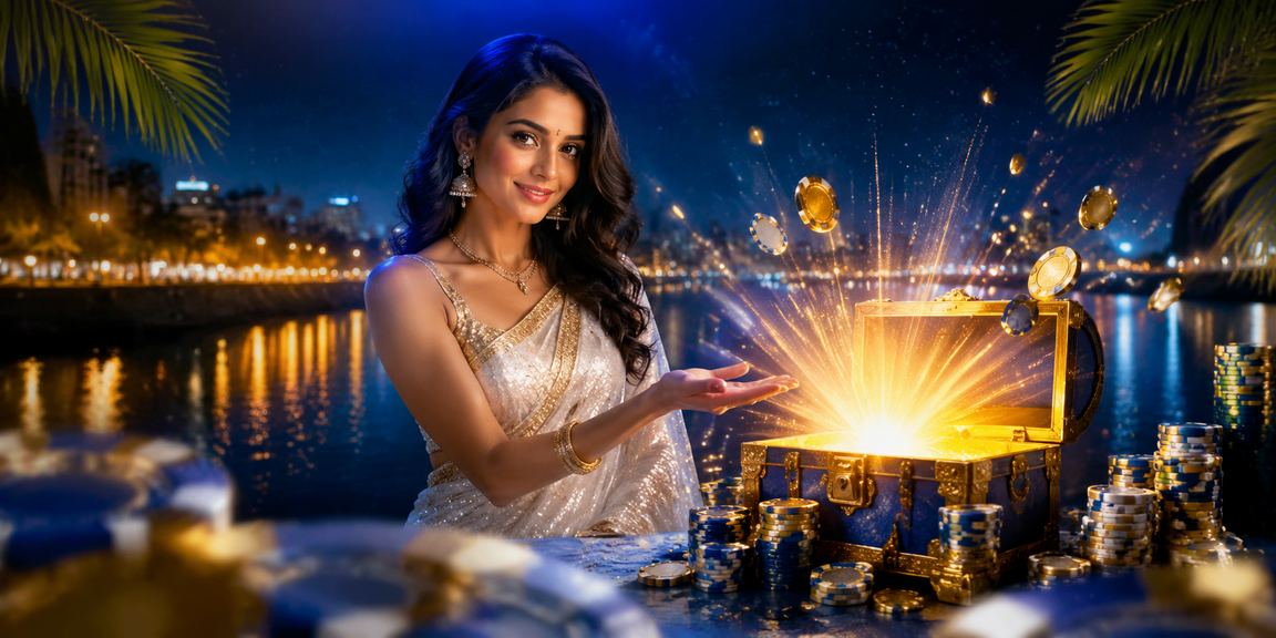 Woman enjoying promotional casino bonuses on mobile device at Ahmedabad riverfront